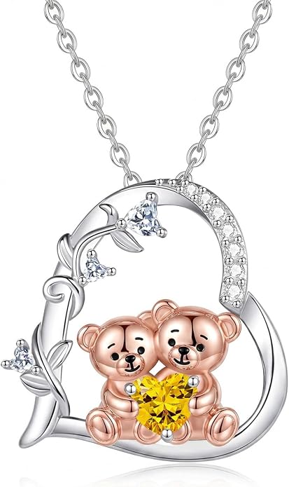 PELOVNY Teddy Bear Necklace for Women 925 Sterling Silver Bear/Highland Cow/Fox/Cat/Axolotl Birthstone Necklace Christmas Birthday Jewelry Gifts for Mom Daughter Wife Sister