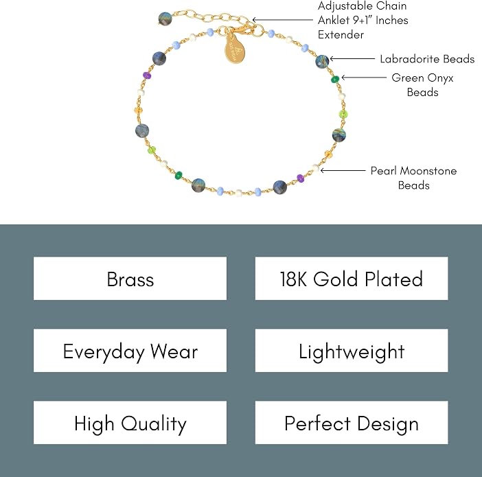 Dainty Gemstone Anklet for Women – 10 Inch Adjustable Anklet with 1 Inch Extender, Gold or Silver Plated Foot Jewelry, Minimalist Boho Style Gift