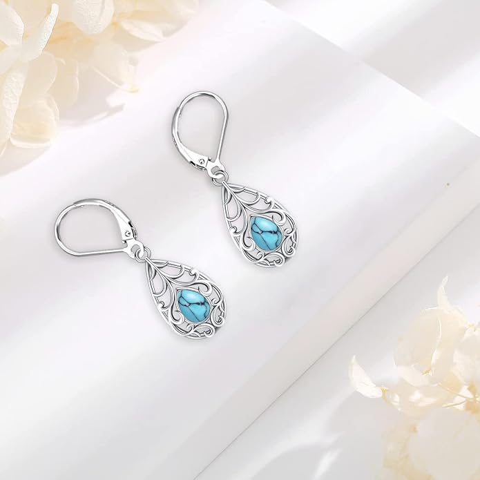 Dangle Earrings Sterling Silver Moonstone/Turquoise/CZ/Crystal Earrings for Women Tree of Life Animal Filigree Leverback Earrings Jewelry Gifts