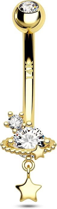 COCHARM 14K Gold Belly Button Rings Saturn Star 14K Yellow Gold Belly Rings for Women 10MM 14k Gold Barbell 14k Belly Navel Belly Piercing Jewerly