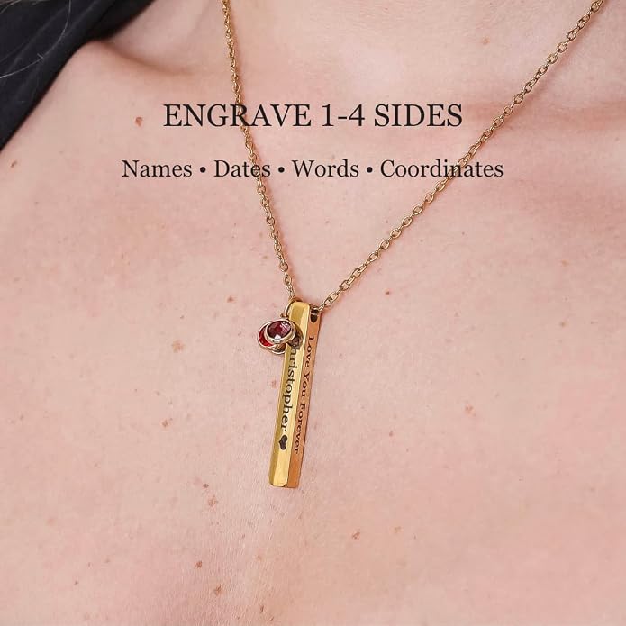 Custom Engraved 3D Vertical Pillar Bar Necklace – Personalized Name Pendant – 1 to 4 Sides – Non-Tarnish Stainless Steel – Gold/Silver – Adjustable Chain – Gift for Her, Mom/Dad With Kids Names
