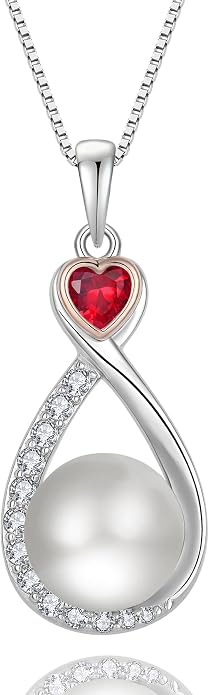 Heart Birthstone Pearl Pendant Necklace, 925 Sterling Silver Infinity Necklace with 10mm Freshwater Cultured Pearl & 4mm Gemstone Jewelry for Women