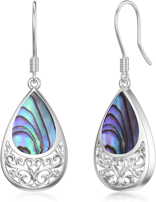 VONALA Abalone Shell Filigree Earrings 925 Sterling Silver Half Butterfly/Dragonfly Teardrop/Long/Vintage Abalone Shell Drop Dangling Earrings Bohemian Jewelry Gifts for Women