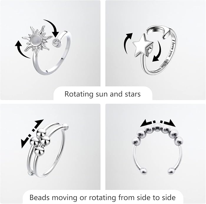 4PCS Fidget Rings for Women Adjustable Stress Relief Fidget Spinner Ring Stainless Steel Sun Moon Star Bead Rotatable Fidget Rings (Silver)