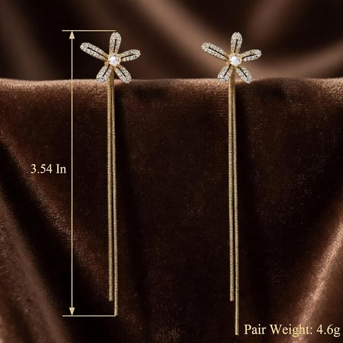 14K Gold Plated Flower Dangle Earrings for Women, Hypoallergenic Cubic Zirconia Long Threader Chandelier Earrings, Elegant Crystal Jewelry for Wedding Bridal Prom Party Gifts
