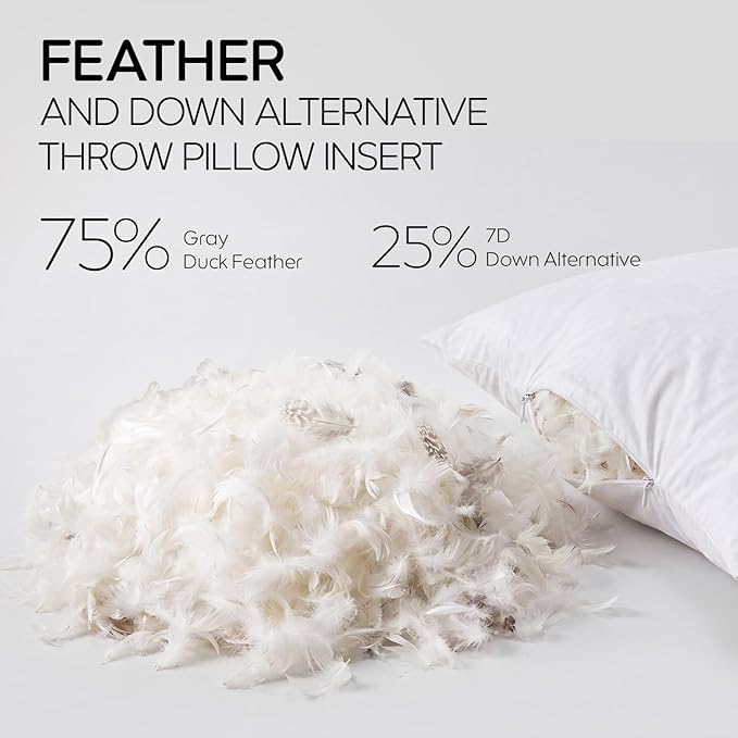 Feather Throw Pillow Inserts Set of 4, Soft Fluffy Square 16 x 16 Inches Decorative Pillow Insert, Feather and Down Euro Pillows for Bed, Couch and Cushion