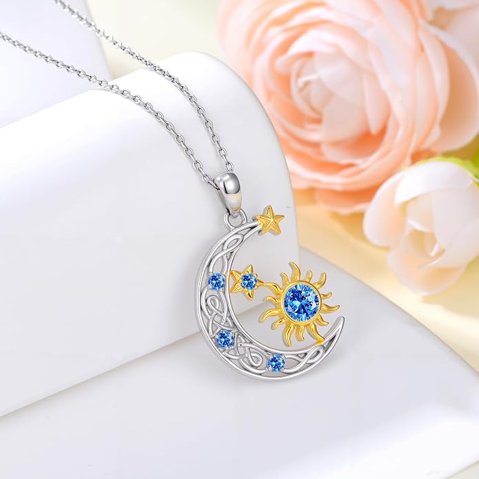 PELOVNY Sun and Moon Necklace for Women 925 Sterling Silver Sun Moon Star Birthstone Pendant Necklaces Birthday Christmas Jewelry Gifts for Mom Daughter Wife Sister