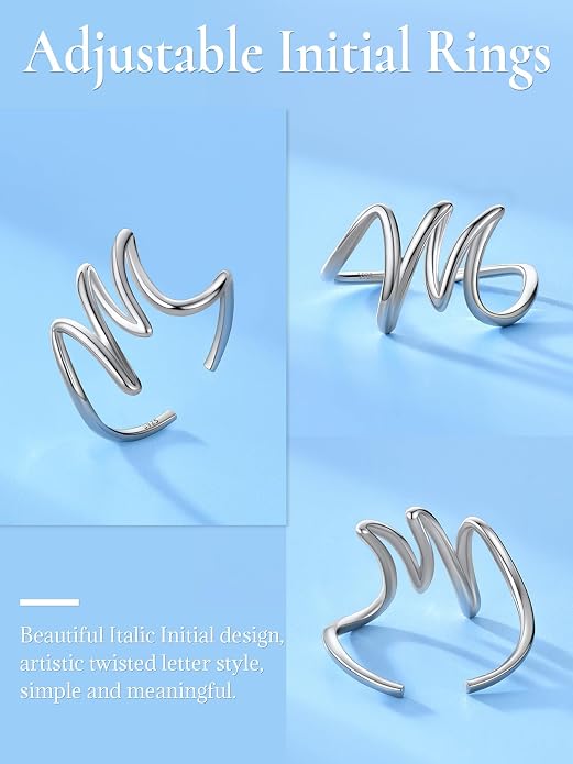 SILVERCUTE S925 Initial Rings, Adjustable Size 6-12 Statement Alphabet Letter A-Z Jewelry Personalized Twisted Initials Rings Sterling Silver Stacking Ring for Women