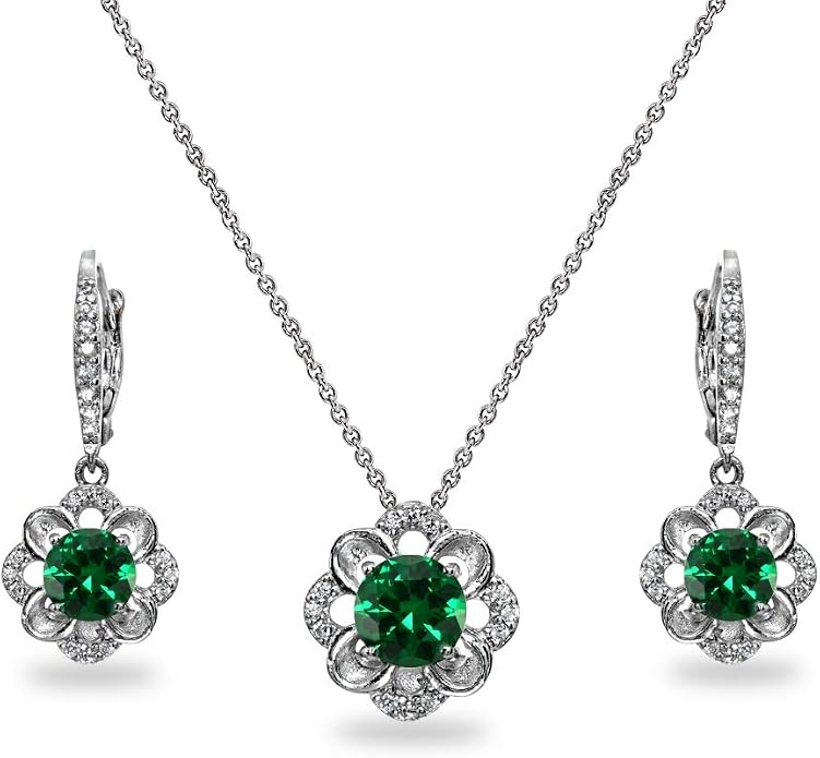 B. BRILLIANT Sterling Silver Genuine or Synthetic Gemstone 6mm Round-Cut Flower Dainty Slide Necklace & Leverback Earrings Set