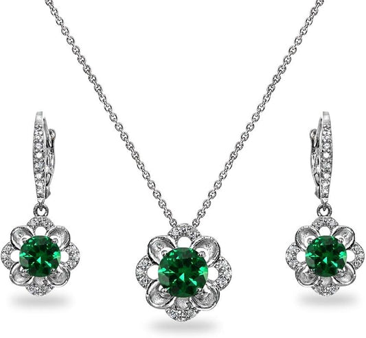 B. BRILLIANT Sterling Silver Genuine or Synthetic Gemstone 6mm Round-Cut Flower Dainty Slide Necklace & Leverback Earrings Set