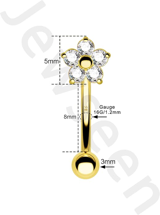 Jewseen ULTIMATE COLLECTION—9K Solid Real Gold Shiny Zircon Floral Design Belly Button Ring Eyebrow Rook Stud 16G 8mm Fine Piercing Jewelry