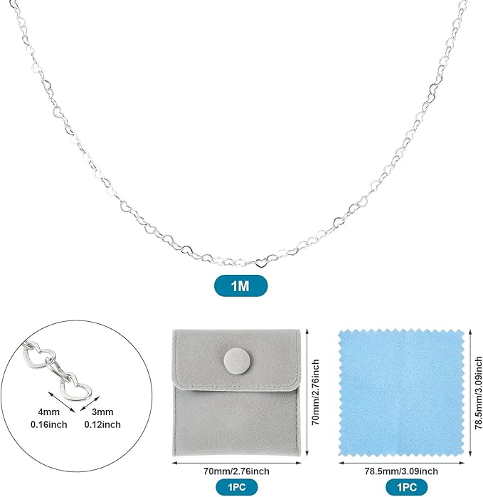 Elecrelive 925 Sterling Silver Heart Chains 3.28 Feet Heart Link Chain Necklace Roll Permanent Jewelry for Women Necklace Bracelet Making