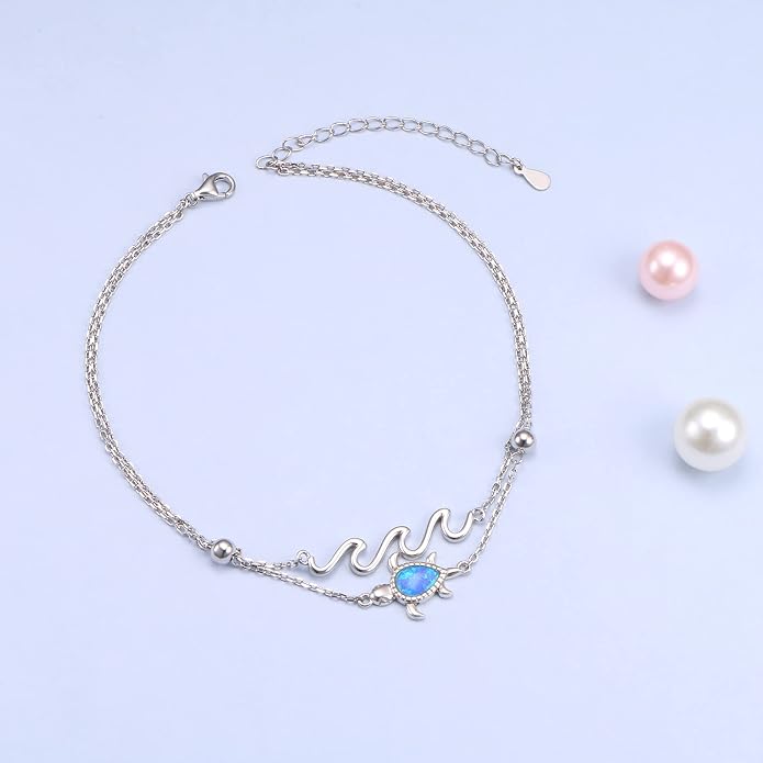 Flyow Anklet for Women S925 Sterling Silver Adjustable Foot Beaded Heart Charm Ankle Bracelet Anklets Jewelry