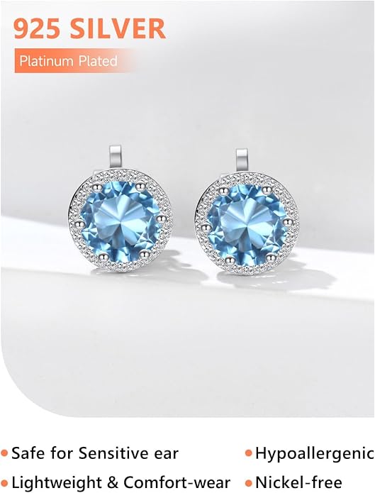 Silvora 925 Silver 8MM Cubic Zirconia Birthstone Clip On Stud Earrings Round Non Pierced Earrings For Women,Come with Box