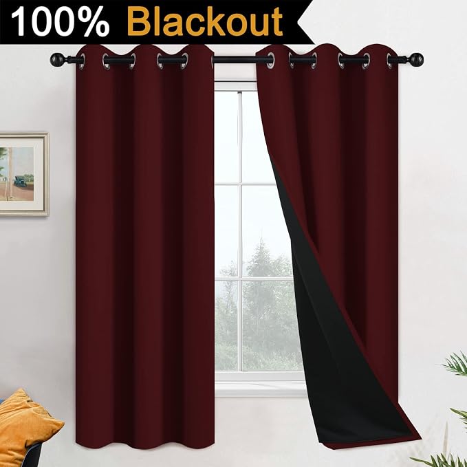 Yakamok Burgundy Red Blackout Curtains 63 Inches Long for Bedroom 42" Wide | Blackout Curtain Panels for Bedroom, 2 Thick Layers Grommet Top Thermal Insulated Drapes with Black Liner for Living Room