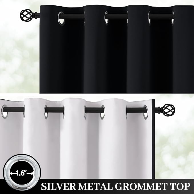 Yakamok Black 100% Blackout Curtains 72 Inches Long for Bedroom 50" Wide | Blackout Curtain Panels for Bedroom, 2 Thick Layers Grommet Top Thermal Insulated Drapes with White Back for Living Room