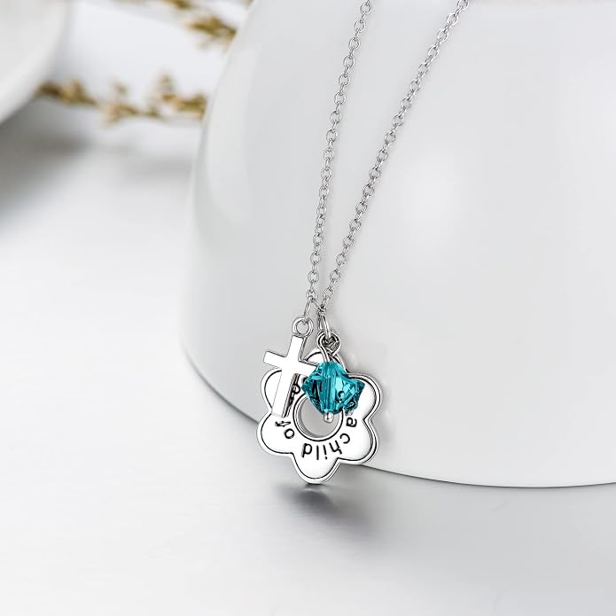 AOBOCO 925 Sterling Silver I Am a Child of God Daisy Necklace Jewelry Birthday Birthday Baptism Communion Gifts for Girls
