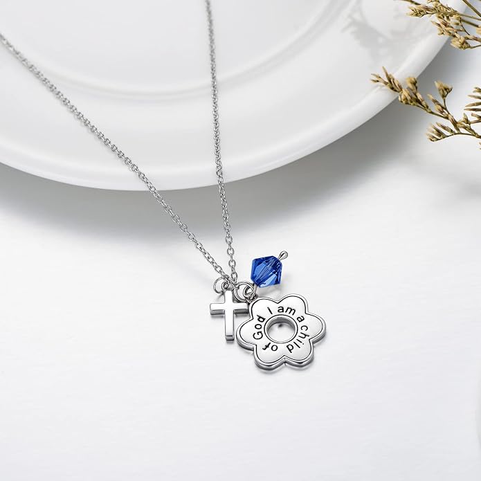 AOBOCO 925 Sterling Silver I Am a Child of God Daisy Necklace Jewelry Birthday Birthday Baptism Communion Gifts for Girls