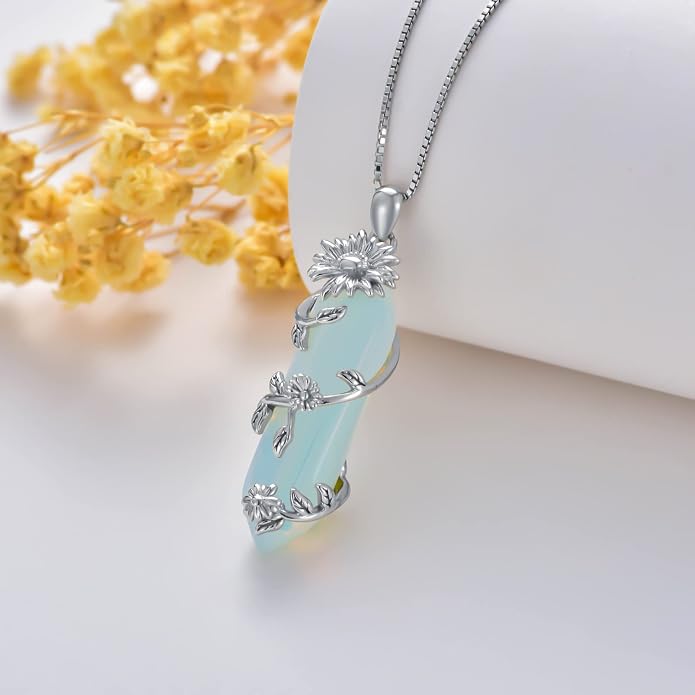 Healing Crystal Necklace 925 Sterling Silver Sunflower/Tree of Life Wrapped Pendant Reiki Energy Jewelry for Women