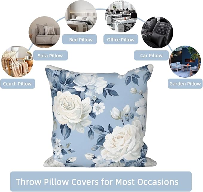 4 Pcs/Set Rose Flowers Pillow Covers Summer Floral Green Leaves Flowering Shrub Plants Natural Scenery Colorful Watercolor Linen Cushion Case for Outdoor Couch Sofa Bedroom, 24"x24"