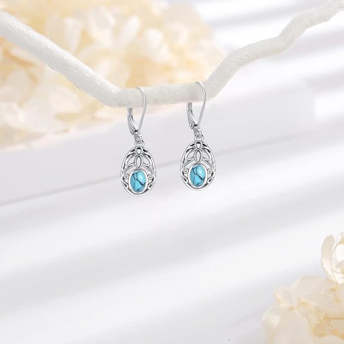 Dangle Earrings Sterling Silver Moonstone/Turquoise/CZ/Crystal Earrings for Women Tree of Life Animal Filigree Leverback Earrings Jewelry Gifts