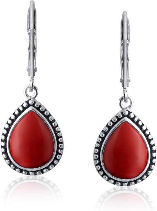 Bling Jewelry Boho Western Style Milgrain Setting Semi Precious Gemstones Lapis Turquoise Jade Onyx Quartz Pear Shaped Teardrop Lever Back Dangle Drop Earrings Teen Oxidized .925 Sterling Silver