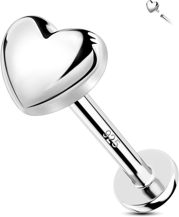 Jewseen 16G Internally Threaded Helix Piercing Jewelry Heart Flat Back Cartilage Stud 925 Sterling Silver Tragus Helix Earrings Heart Nose Lip Piercing Jewelry for Women Men