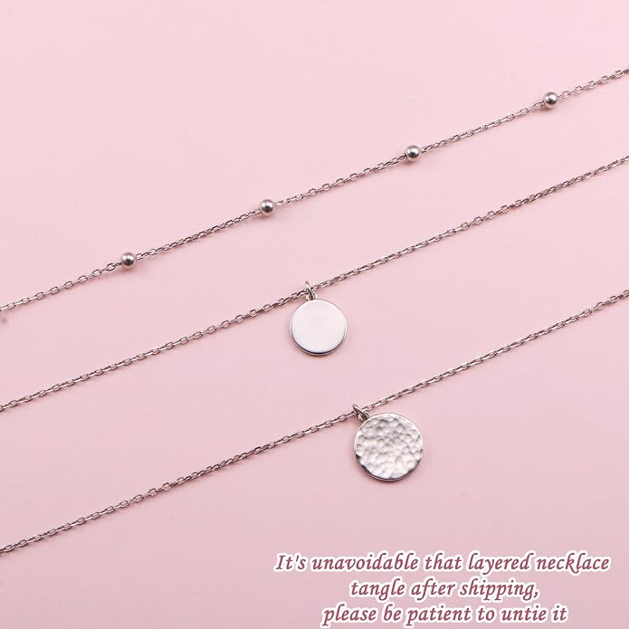 FLYOW Layered Necklace S925 Sterling Silver Triple Multilayer Necklace Long Chain Dainty Pendant Necklace for Women