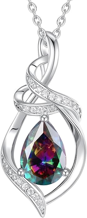 FANCIME Teardrop Birthstone Necklace for Women S925 Sterling Silver Elegant Ribbon Pendent Necklace Birthday Jewelry Gifts for Mom Wife Her, 16"+2" Inches