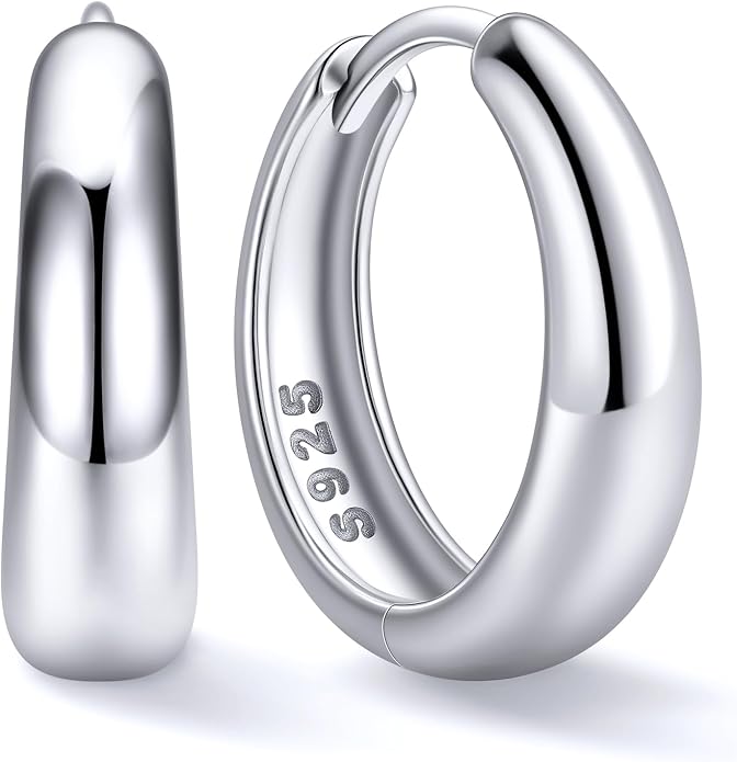 ChicSilver Solid 925 Sterling Silver Chunky Hoop Earrings for Women, Silver Small Thick Huggie Earrings Hypoallergenic Lightweight Silver Hoop Earrings for Sensitive Ears (8/10/12/14mm)