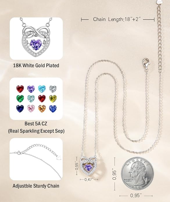 Trendy Dainty Infinity Birthstone Necklace, Dancing Heart 18K White Gold Plated 925 Sterling Silver Heart Necklace, Romantic Love Jewelry Graduation Gifts for Women Her