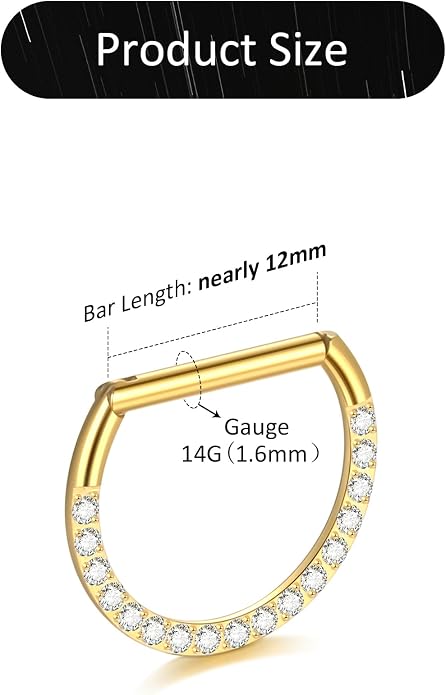 Oveta Titanium D Shaped Nipple Rings 14G for Nipple Piercing Jewelry Higned Segment Clicker Ring Hoops 11mm 12mm 14mm for Women Men, Silver Gold Black, 2PCS
