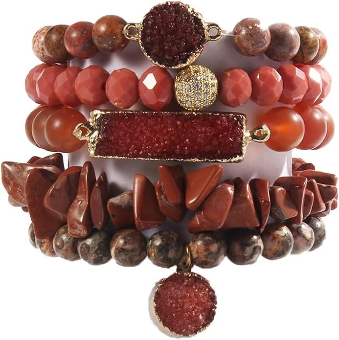 Yomisa 5PCS 6PCS Natural Boho Beaded Bracelets/Bangle for Women Men,Healing Turquoise Jasper Agate Crystal Gemstone Stone Chakra Multilayer Wrap Bohemian Handmade Jewelry Beads Stretch Bracelet Set