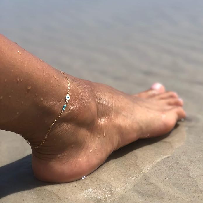 Gold Dainty Turquoise Anklet for Women,14K Gold Plated Cute Tiny Beaded Evil Eye Boho Beach Foot Chain Ankle Bracelet for Women on Summer