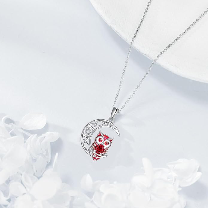 Owl Birthstone Necklace Sterling Silver Celtic Moon Pendant Cubic Zirconia Owls Jewelry Birthday Gifts for Women Men