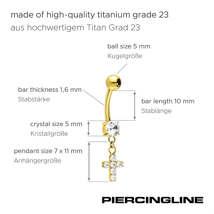 PIERCINGLINE Titanium Belly Button Ring with Crystals and Cross – Belly Button Piercing internally screwed 3 colors
