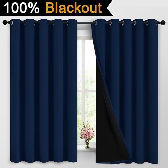 Yakamok Navy Blue 100% Blackout Curtains 63 Inches Long 62" Wide, 2 Panels | Blackout Curtain Panels for Bedroom, 2 Thick Layers Grommet Top Thermal Insulated Drapes with Black Liner for Living Room