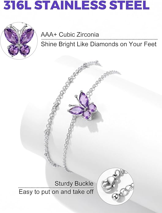 Richsteel Double Layer Heart/Butterfly Birthstone Anklet for Women Non Tarnish Waterproof, Silver/Gold/Black Stainless Steel 8.5-10.5 Inch Adjustable Chain Anklets Jewelry Gifts for Her
