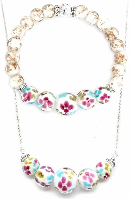 ARTSY Crafts Lily Garden Glow in the Dark Firefly Bead Bracelets Necklaces, Handmade in USA Murano Glass Jewelry, Flower Luminous Beads Mermaid Crystal Bracelet Bangle
