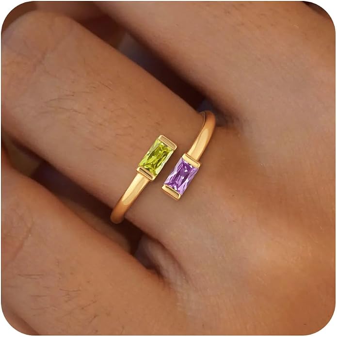 Honsny Gold Birthstone Rings for Women Non Tarnish 14K Gold Plated Adjustable Emerald Ring Cubic Zirconia Gemstone Promise Ring for Her Engagement Personalized Waterproof Jewelry Gifts for Birthday