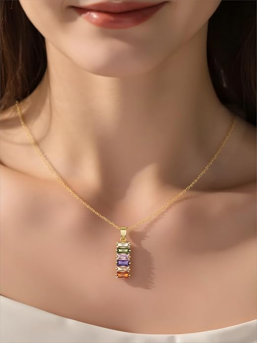 Rainbow Bar Pendant Necklace, Dainty Geometric 18K Gold Plated Colorful Zircon Necklace, Aurora-Inspired Jewelry for Women, Ideal Gift for Birthday Anniversary Holiday