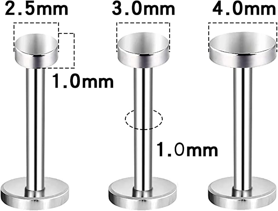 3pcs G23 Titanium 20G/18G/16G 6mm/8mm/10mm/12mm Press Fit Threadless Push Pop 2.5mm 3mm 4mm Flat Top 4mm Flat Back Piercing Lip Stud Earring Labret Monroe Lip Ring Tragus Cartilage Earring Stud