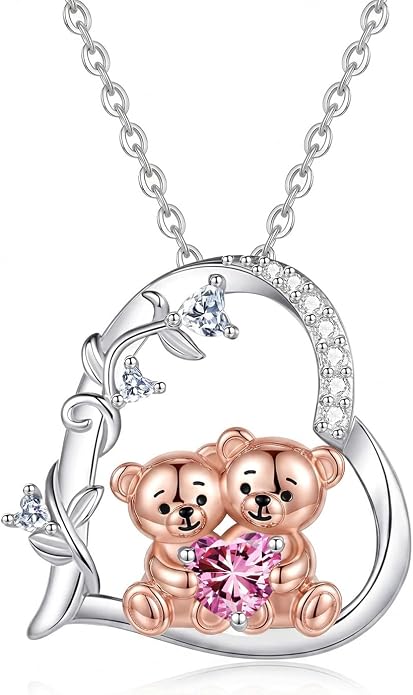 PELOVNY Teddy Bear Necklace for Women 925 Sterling Silver Bear/Highland Cow/Fox/Cat/Axolotl Birthstone Necklace Christmas Birthday Jewelry Gifts for Mom Daughter Wife Sister