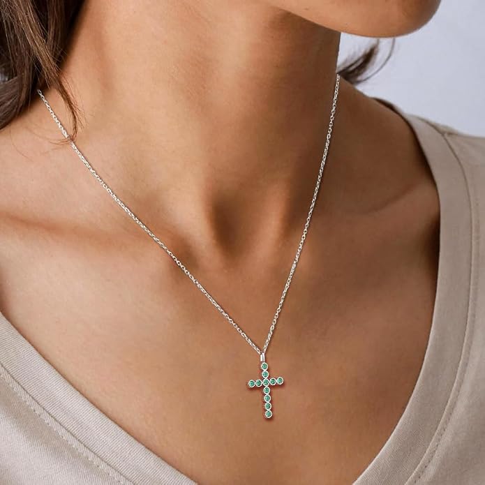 Sterling Silver Cross Necklace for Women Birthstone Religious Jewelry