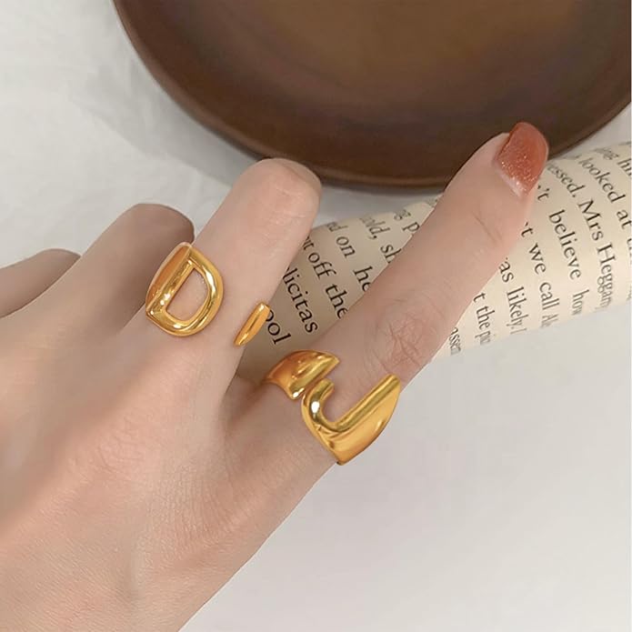 KeyStyle Bold Initial Letter Rings Adjustable, GoldChic Jewelry Women Gold Statement Ring Personalized Engraved Women’s Open Signet Ring for Party (Gold, White Gold, Black)