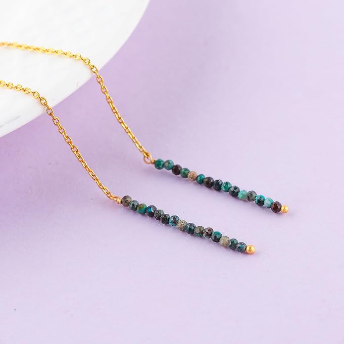 Natural Gemstone Threader Earrings for Women - Dainty 2mm Faceted Beads - Birthstone Crystal Drop Earrings - Silver Plated Healing Jewelry