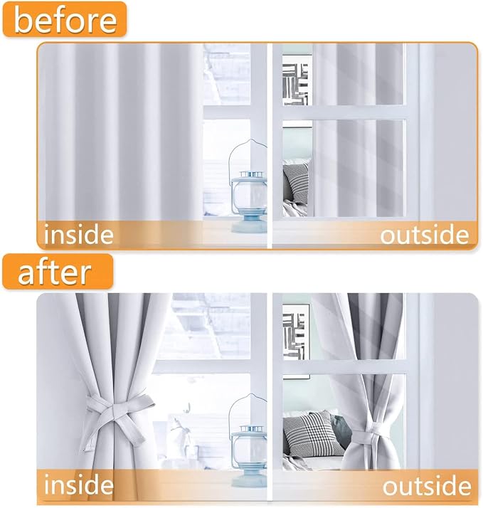 Hiasan Blackout Curtains for Bedroom - Thermal Insulated & Energy Saving Window Curtains for Living Room, 2 Drape Panels Sewn with Tiebacks, Greyish White, 38 x 54 Inch