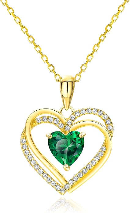 Anniversary Charm Necklace, Sterling Silver 14K Gold Plated Chain with Interlocking Heart Pendant Elegant Birthstone Necklaces for Women, Length 18"