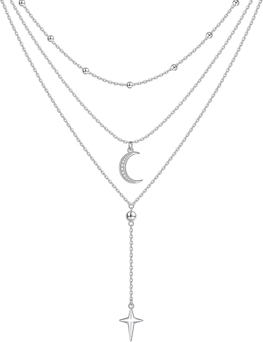 Layered Choker Necklaces for Women S925 Sterling Silver Circle/Heart/Cross/Star Multi Layered Necklace Handmade Bead Chain Adjustable Jewelry for Birthday