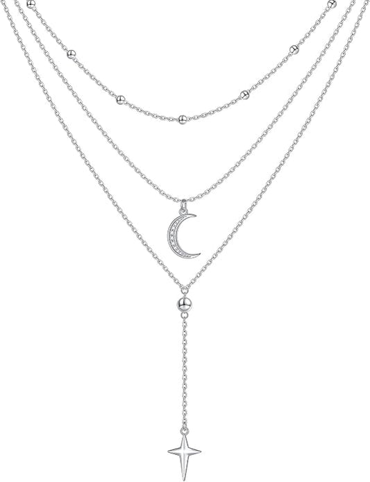 Layered Choker Necklaces for Women S925 Sterling Silver Circle/Heart/Cross/Star Multi Layered Necklace Handmade Bead Chain Adjustable Jewelry for Birthday